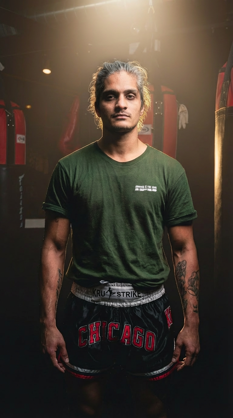 Man in boxing shorts and green shirt stands in a gym, lit from above, with punching bags in background.