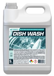Envase blanco de 5 litros para detergente lavavajillas con etiqueta y asa de color turquesa.