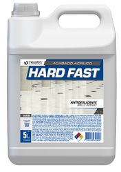 Garrafa de plástico blanca de 5 litros de adhesivo Hard Fast con etiqueta azul y gris.