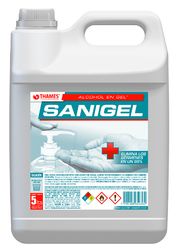 Jarra blanca de producto de limpieza SANIGEL con etiqueta y asa rojas y turquesas, envase de 5 litros.