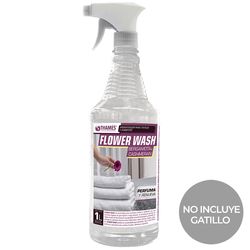 Botella pulverizadora transparente con la etiqueta “Flower Wash” con pulverizador de gatillo y el texto “No incluye gatillo”.