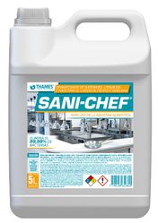 Jarra de plástico blanco para limpiador SANI-CHEF de 5 litros con asa y etiqueta de cocina.