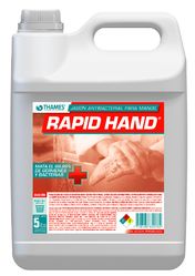 Garrafa blanca de un galón de producto de limpieza de manos THAMES Rapid Hand con etiqueta y asa rojas.