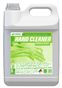 Jarra blanca de limpiador de manos con etiqueta y asa verdes y azules, aislada sobre fondo blanco.