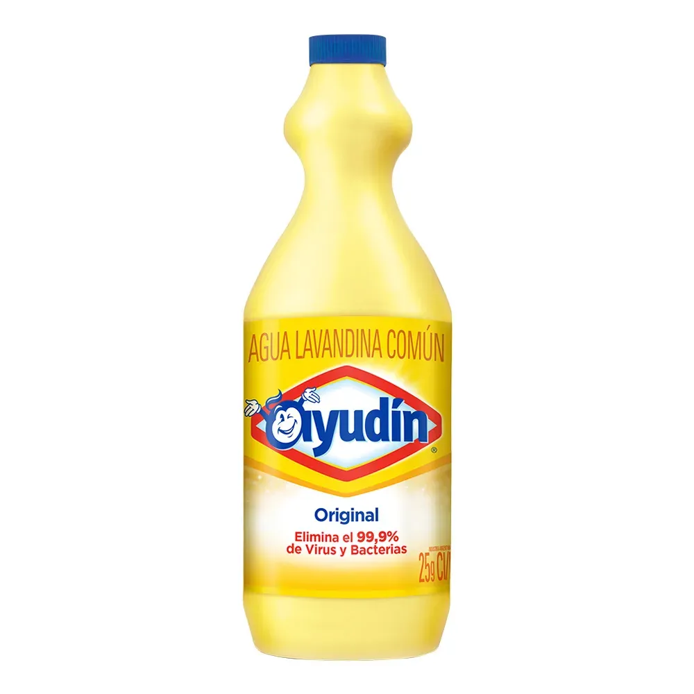 Botella amarilla de lejía Ayudín Original con tapón y etiqueta azules sobre fondo blanco.