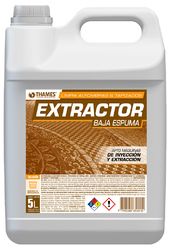 Garrafa blanca de 5 litros de limpiador de extractores de naranja con la etiqueta “EXTRACTOR BAJA ESPUMA”, con asa y tapa.