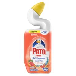 PATO gel limpiador para baño, botella blanca con tapa amarilla y etiqueta naranja