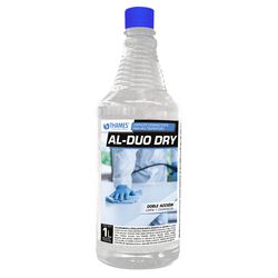 Botella transparente de limpiador de pisos AL-DUO DRY con tapa azul y etiqueta que muestra una mano enguantada trapeando.