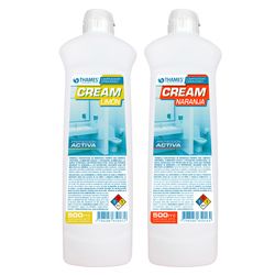 Dos botellas blancas de limpiador HTH Cream Activa, una etiquetada como marinan y la otra como naranja.