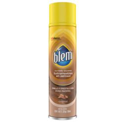 Lata de aerosol amarilla de quitamanchas Blem con etiqueta marrón sobre fondo blanco