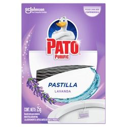 Paquete de jabón en polvo Purple Pato Purific de lavanda con logotipo de pato y gráficos de lavanda.
