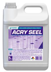 Botella de plástico blanco de sellador para pisos Acry Seal con etiqueta y asa moradas.