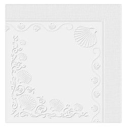 Tarjeta cuadrada decorativa blanca con relieve y bordes decorados con motivos de conchas marinas y flores.