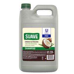Botella gris de 5 litros para champú Suave con tapa verde y gráfico de coco.