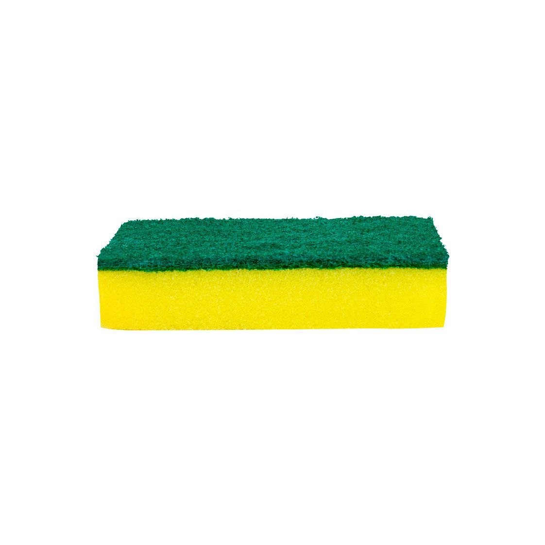 Esponja de cocina verde y amarilla sobre fondo blanco