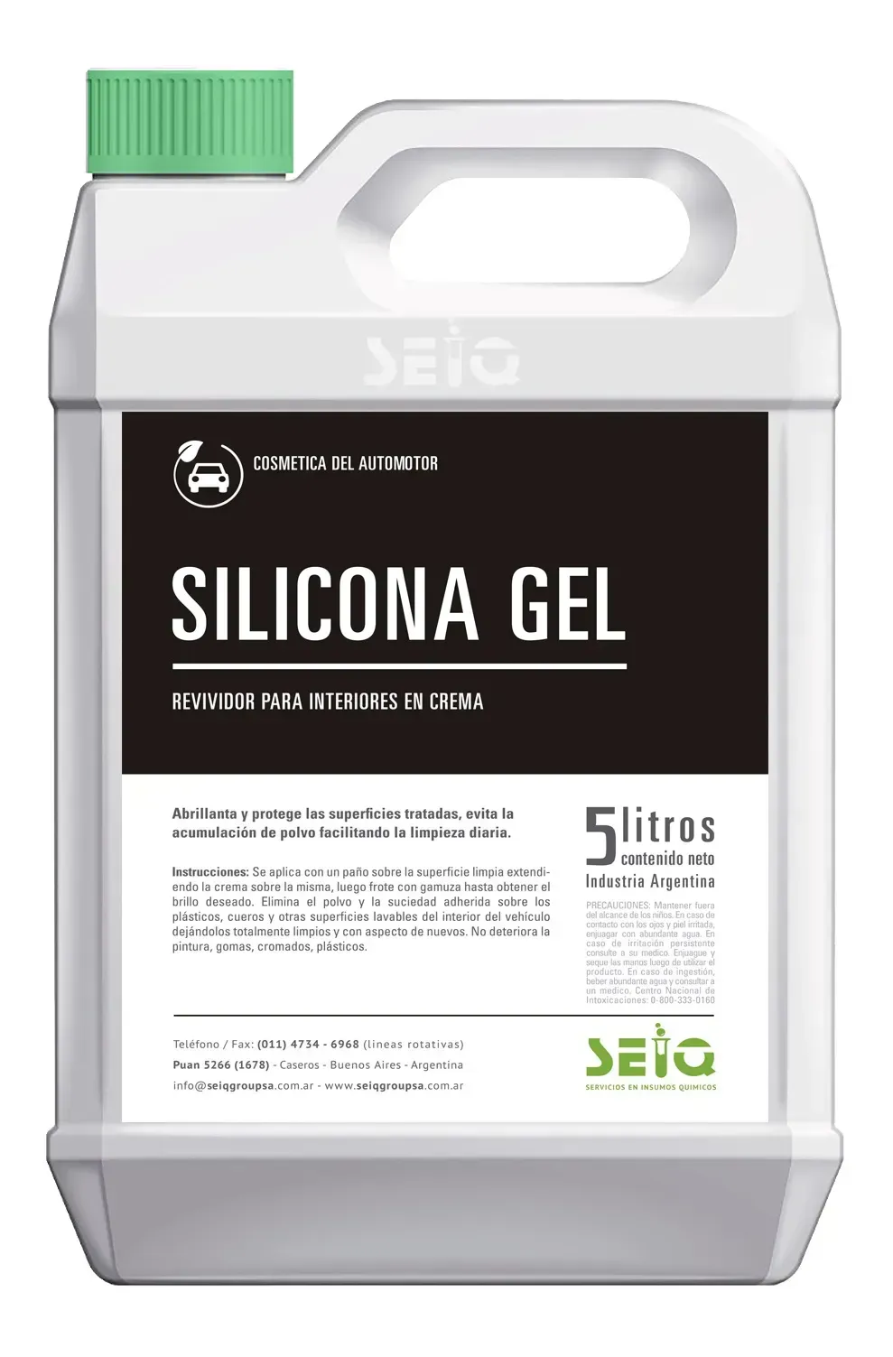 Botella etiquetada como “Silicona Gel” con tapón verde, 5 litros, sobre fondo blanco.