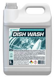 Envase blanco de 5 litros para detergente lavavajillas con etiqueta y asa de color turquesa.