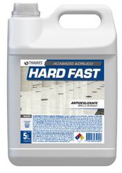 Garrafa de plástico blanca de 5 litros de adhesivo Hard Fast con etiqueta azul y gris.