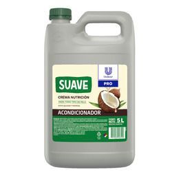 Envase gris de 5 litros de acondicionador Suave Crema Nutrición con tapa verde y gráfico de coco.