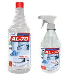 Dos botellas de spray de limpieza AL-70, una transparente con tapón rojo y otra con pulverizador blanco.