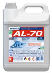 Bidón blanco de 5 litros para productos químicos de limpieza AL-70 con etiqueta y asa azules.