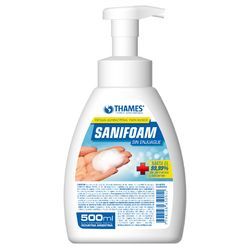 Botella blanca con dosificador del desinfectante de manos Sanifoam de Thame sobre un fondo blanco.