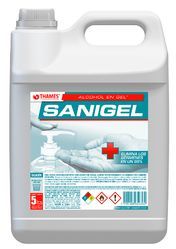 Jarra blanca de producto de limpieza SANIGEL con etiqueta y asa rojas y turquesas, envase de 5 litros.