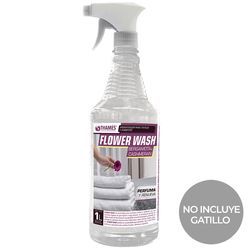 Botella pulverizadora transparente con la etiqueta “Flower Wash” con pulverizador de gatillo y el texto “No incluye gatillo”.