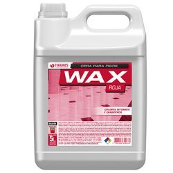 Botella de plástico blanco con limpiador de cera para pisos rosa, con asa y etiqueta roja.