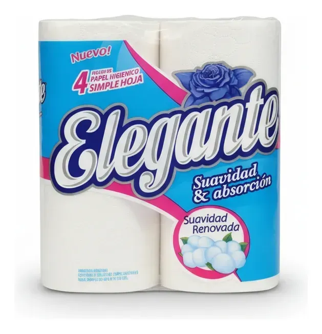 Paquete de papel higiénico Elegante blanco y azul con flores y texto de suavidad y absorción