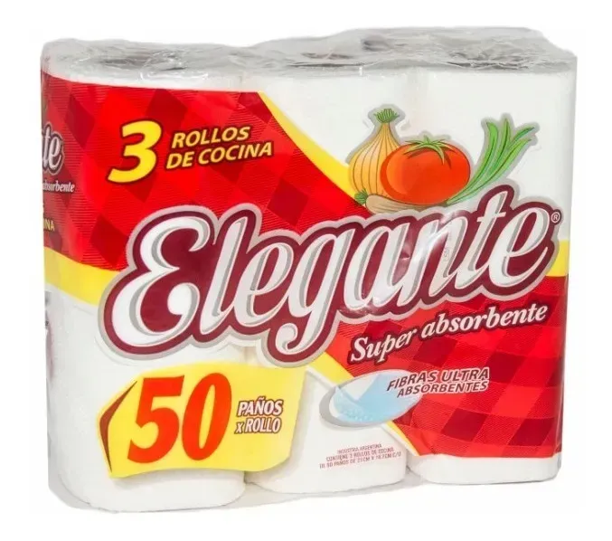 Paquete de 3 rollos de papel de cocina Elegante, blanco y rojo, súper absorbente