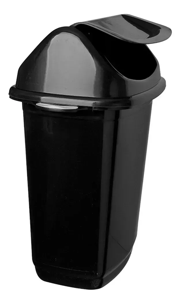 Cubo de basura de plástico negro con tapa y apertura lateral.