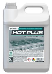 Bidón blanco de 5 litros para productos químicos de limpieza, etiquetado como “HOT PLUS”, con asa y símbolos de peligro.