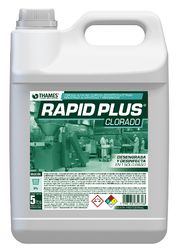 Garrafa blanca de 5 galones de limpiador Rapid Plus Colorado con etiqueta y asa verdes.