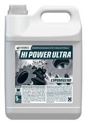 Jarra de plástico blanca con la etiqueta “Hi Power Ultra”, un gráfico de engranajes metálicos y el texto “Espumígeno”.