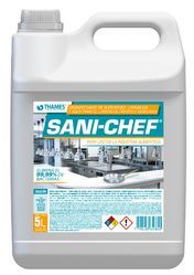 Jarra de plástico blanco para limpiador SANI-CHEF de 5 litros con asa y etiqueta de cocina.
