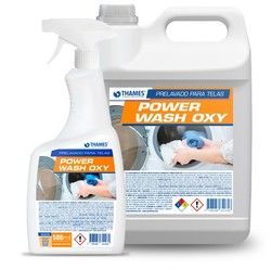 Dos botellas de limpiador Power Wash Oxy, blancas con etiquetas naranjas y azules, una botella con pulverizador y una jarra.