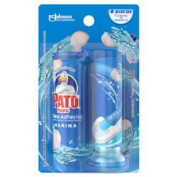 Blíster azul con dos botellas de gel limpiador de inodoros Pato y gráficos de salpicaduras de agua.