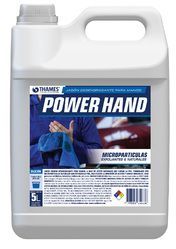 Bidón blanco de 5 litros de limpiador de manos de microfibra Power Hand con etiqueta y asa azules.