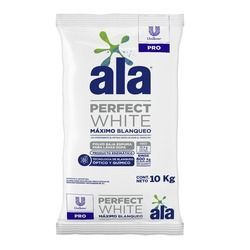Bolsa de detergente para ropa Ala Perfect White, 10 kg, envase blanco con detalles azules y verdes.