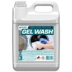 Envase de plástico blanco de 5 litros con la etiqueta "GEL WASH", asa y gráfico de limpieza en la parte frontal.
