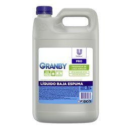 Botella de producto de limpieza Gray Granby con tapa azul y etiqueta que dice “Líquido baja espuma”
