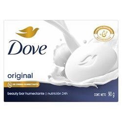Caja de jabón líquido Dove Original en color blanco y azul, 90 g, con la imagen de una pastilla de jabón blanca.