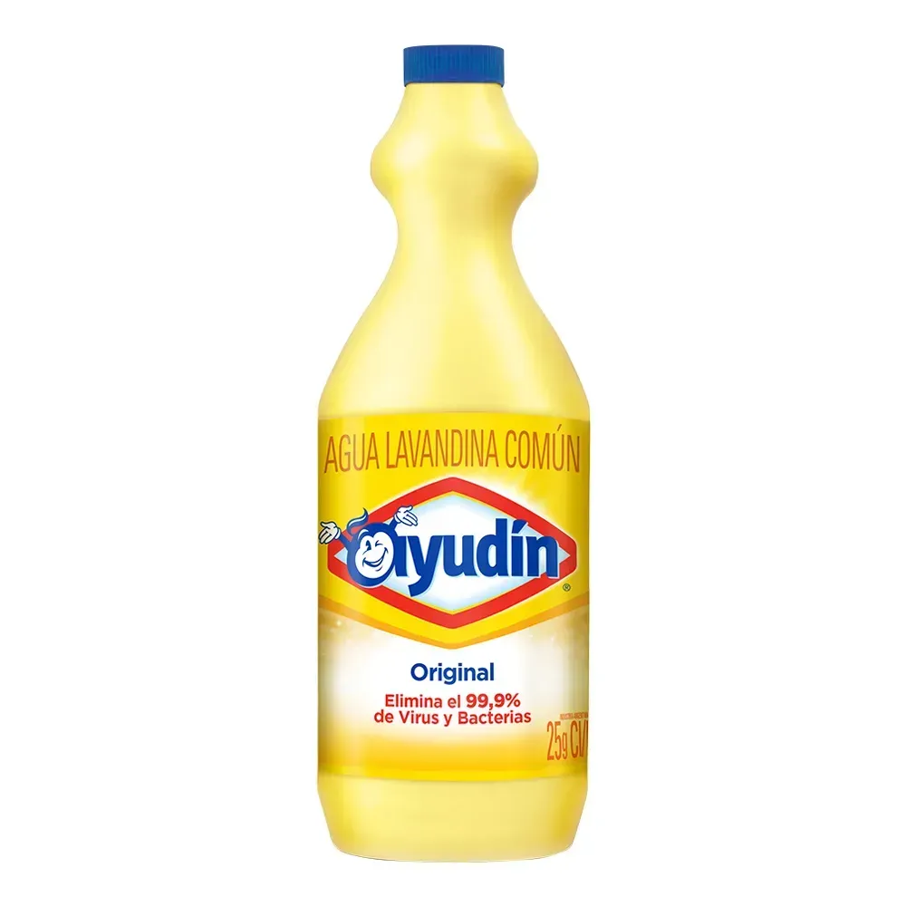 Botella amarilla de lejía Ayudín Original con tapón y etiqueta azules sobre fondo blanco.