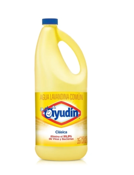 Botella amarilla de líquido limpiador Oyudin con tapón y etiqueta azules sobre fondo blanco.