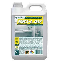 Envase de plástico blanco del producto de limpieza THAMES BIO-LAV con etiqueta y asa amarillas.
