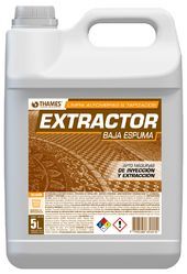 Garrafa blanca de 5 litros de limpiador de extractores de naranja con la etiqueta “EXTRACTOR BAJA ESPUMA”, con asa y tapa.