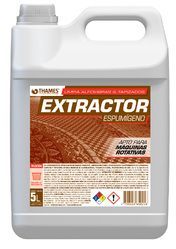 Garrafa blanca de 5 litros de limpiador de alfombras emulsionable Thanes Extractor con etiqueta naranja.