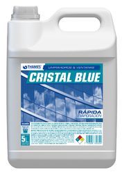 Garrafa de plástico blanco de 5 litros con la etiqueta “Cristal Blue”, con la imagen de una tienda en azul y tapa roja.