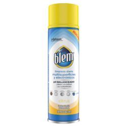 Lata de limpiador multiusos y para aparatos electrónicos Bleem, amarillo y azul, sobre fondo blanco.